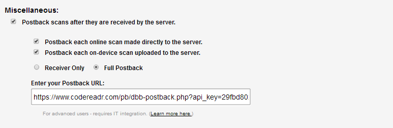 Configure postback scans and postback URL Configure postback scans and postback URL