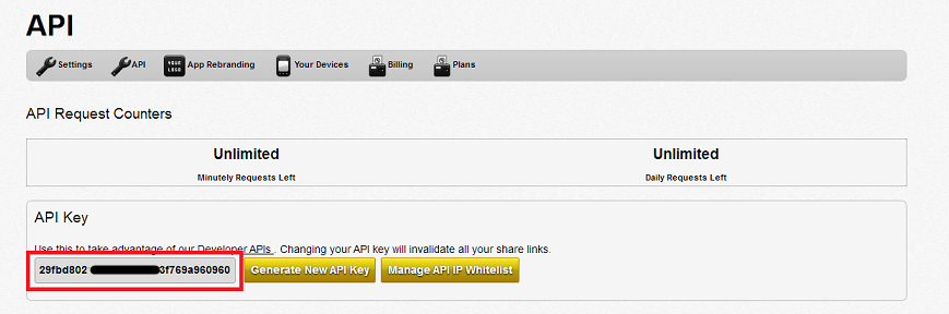 Copy the API key Copy the API key